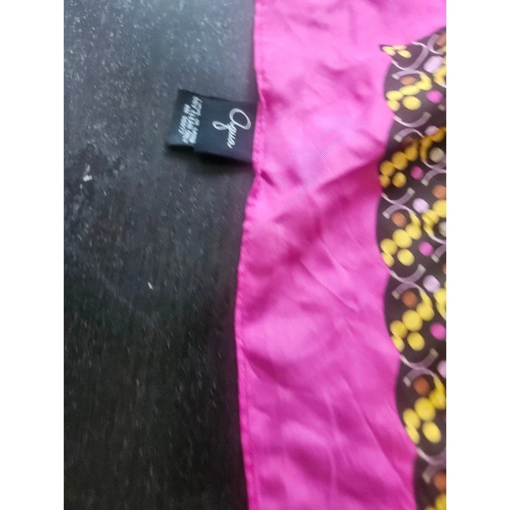 Aqua 100% Silk Square Scarf Pink Yellow Brown Geometric Floral Print Neckerchief
